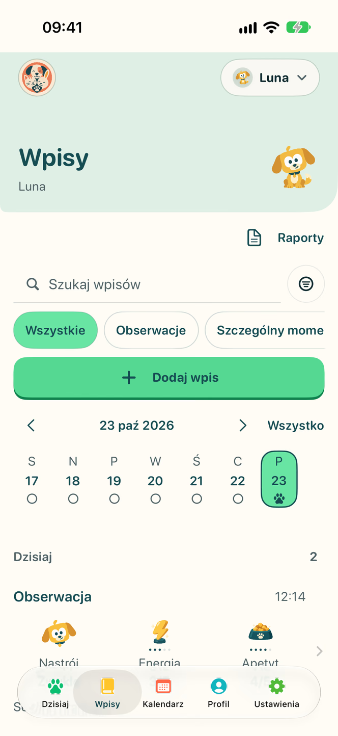 Zapisy w Nuzzleway z przykładowymi danymi zwierzęcia.