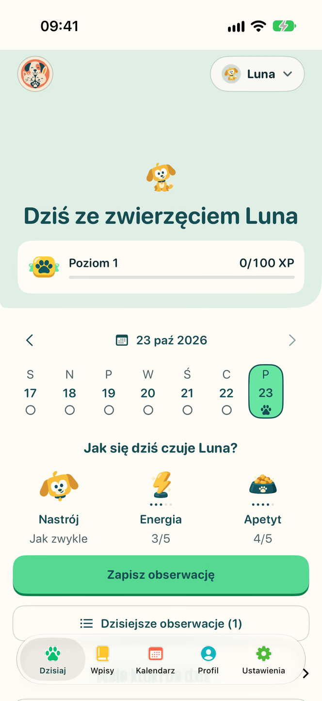 Widok Dzisiaj w Nuzzleway z przykładowymi danymi zwierzęcia.