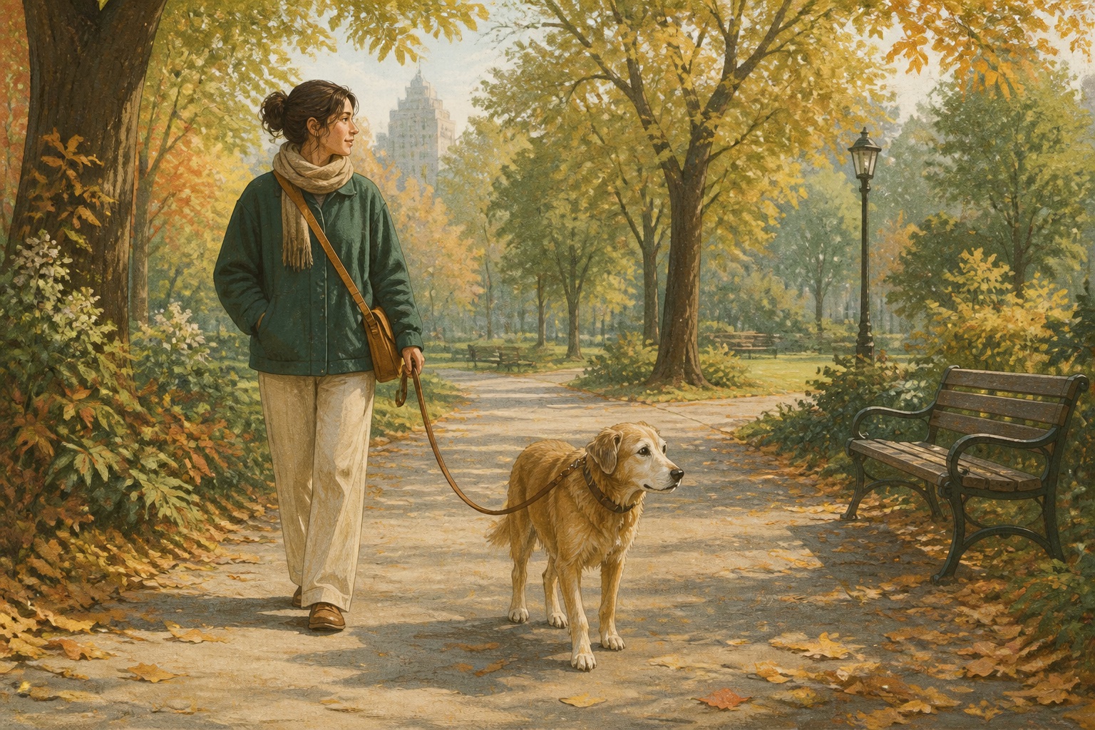 A person walking slowly with an older dog in a leafy park