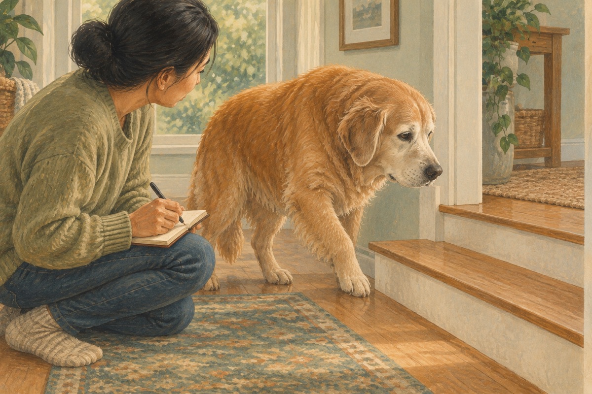 A caregiver writing a brief note while a senior dog naturally pauses before a low step