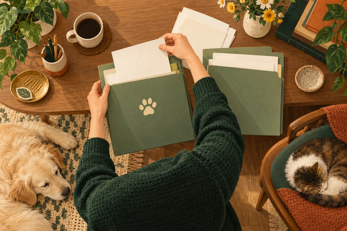 Mani ordinano documenti in cartelle verdi accanto a un cane e un gatto.