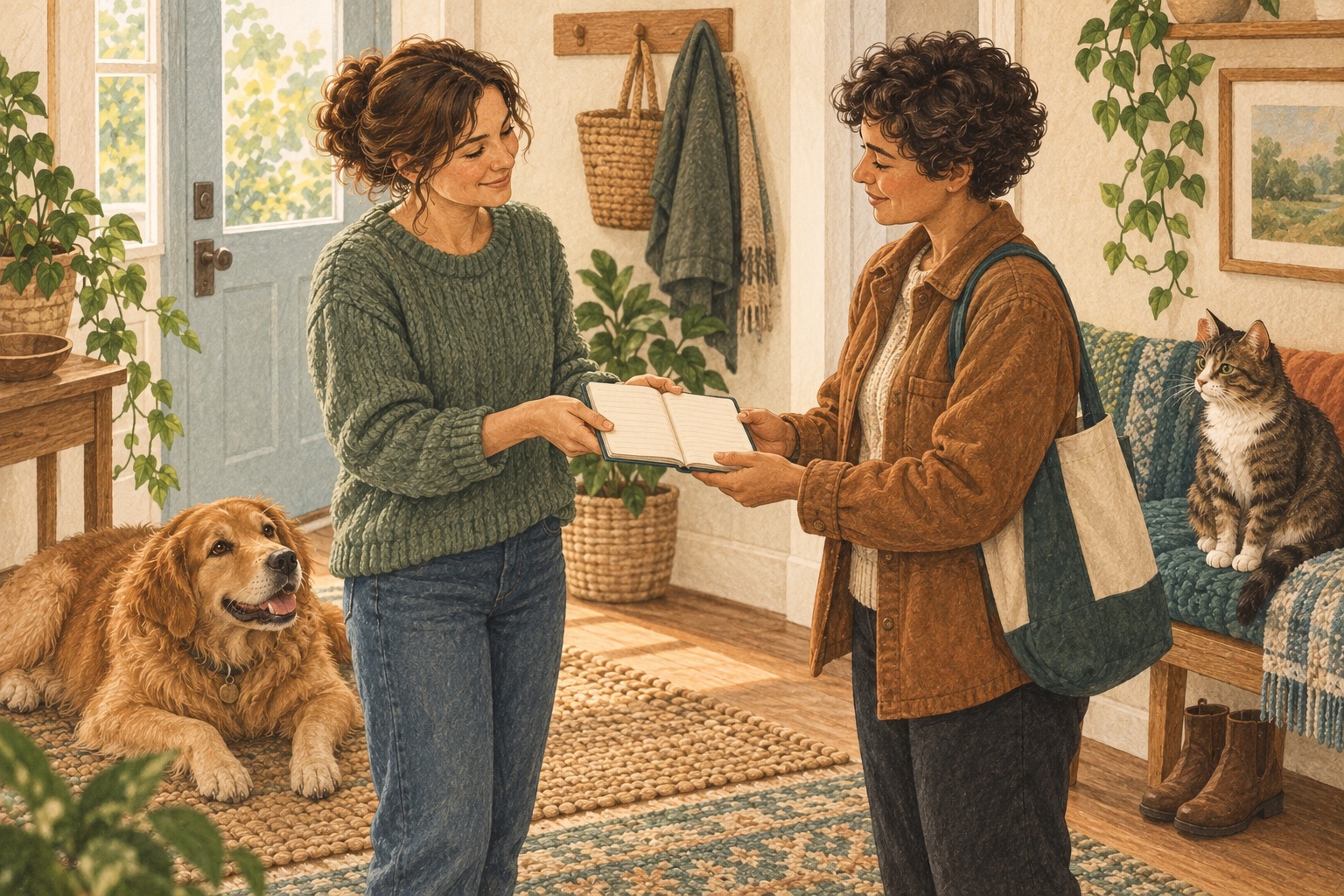 A pet owner handing a care notebook to a trusted sitter while a dog and cat rest nearby