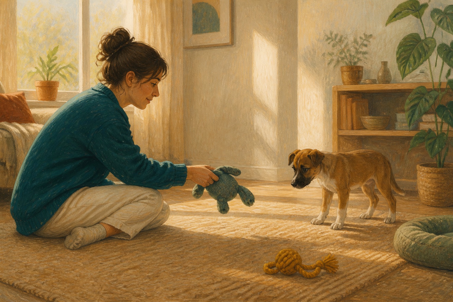 A person inviting a young dog to play with a soft toy