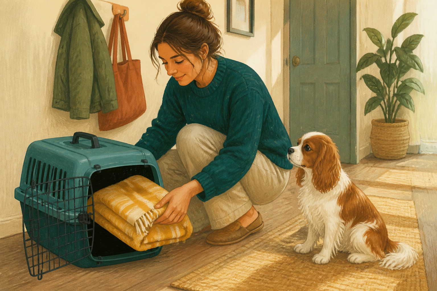 A dog beside an open carrier with a blanket inside
