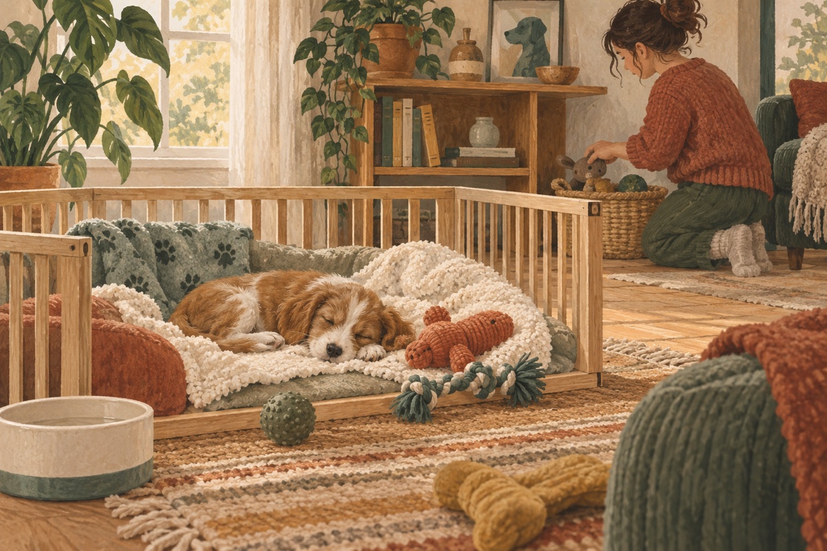 Un cachorro cansado duerme en una zona de descanso abierta mientras su cuidadora guarda juguetes en silencio