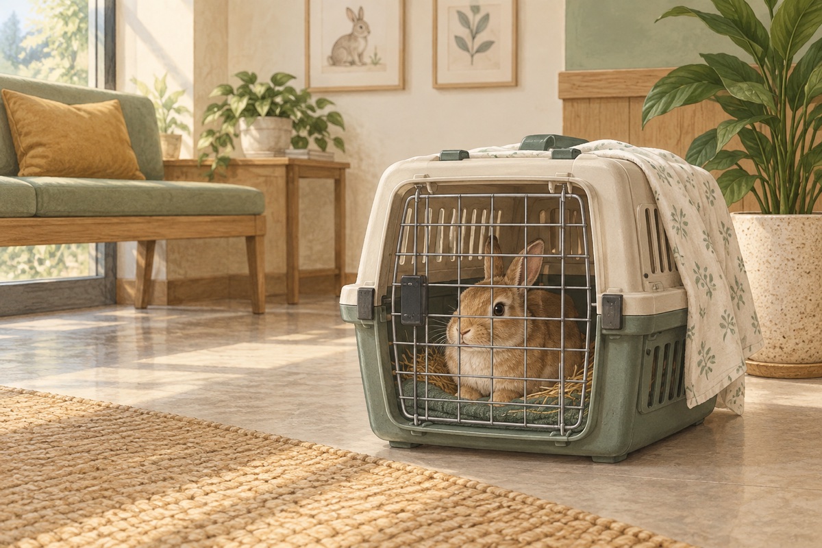 A rabbit sits inside a closed, ventilated hard-sided carrier with hay and a familiar towel in a quiet room at home