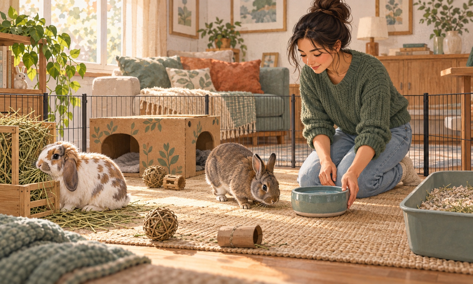 Two rabbits in a spacious indoor pen while their caregiver refreshes a ceramic water bowl
