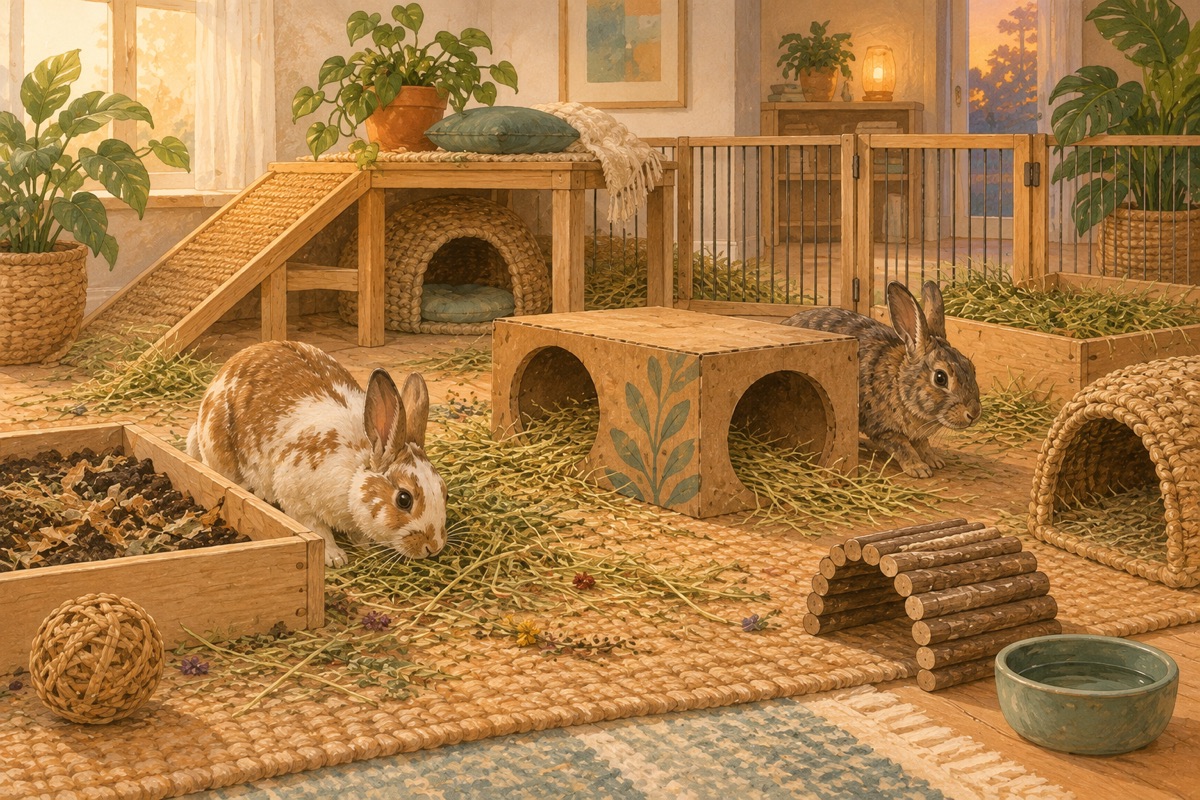 Two rabbits exploring hay, a double-exit cardboard tunnel, digging tray, platform and separate hiding places indoors