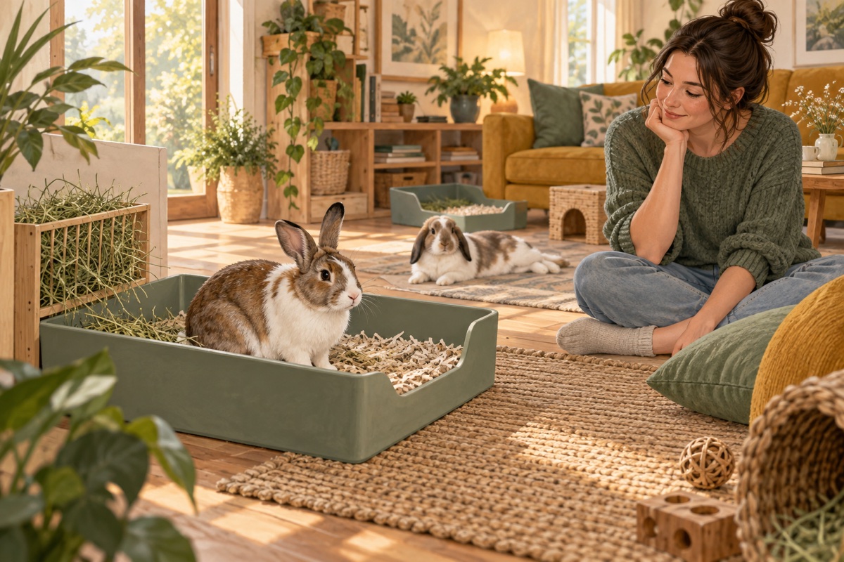 A rabbit sitting voluntarily in a large low-entry litter tray with hay beside it while a caregiver observes from the floor