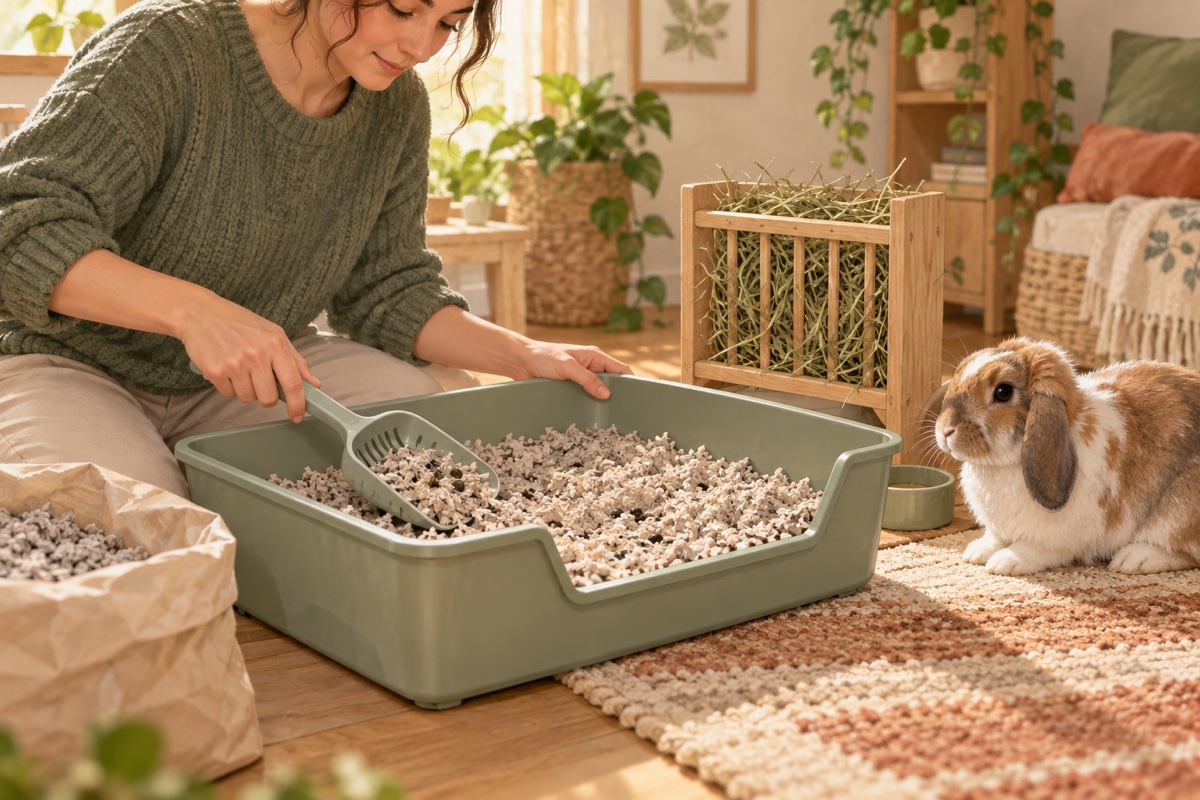 A caregiver cleans a large open rabbit litter tray with paper bedding while a rabbit watches nearby