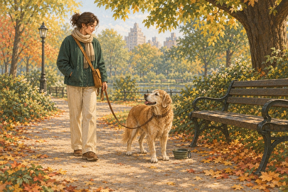 An older dog pausing beside a shaded park bench and water bowl during a gentle walk