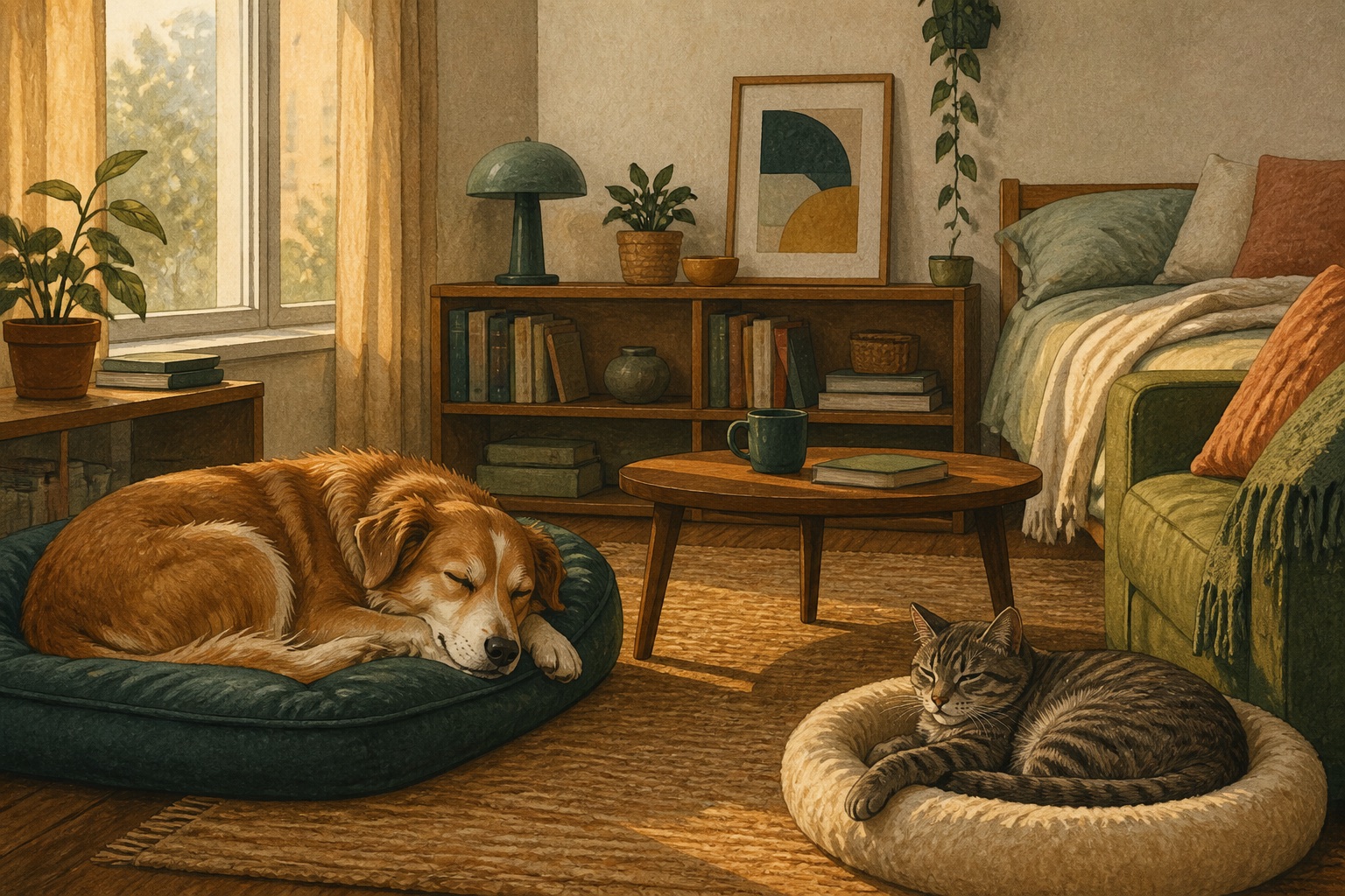 A dog and cat resting in different corners of a shared living room