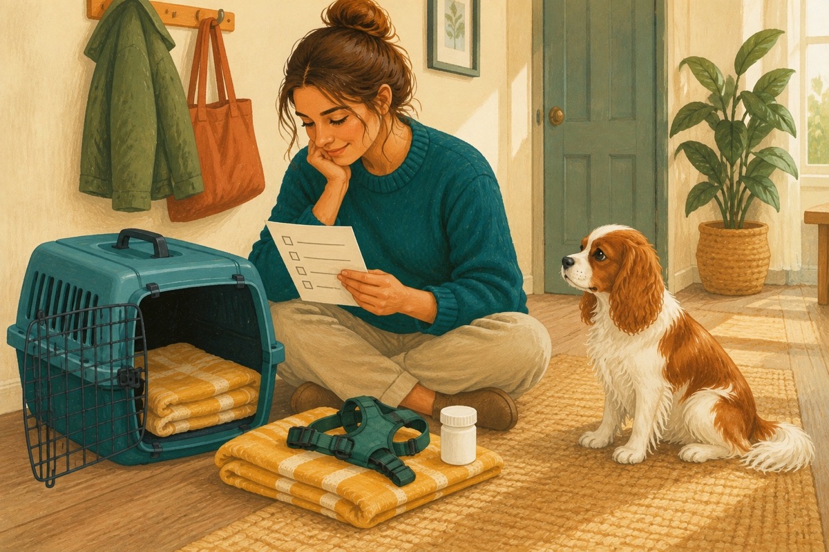 A person reviewing a short veterinary visit checklist beside an open carrier, harness and medicine container