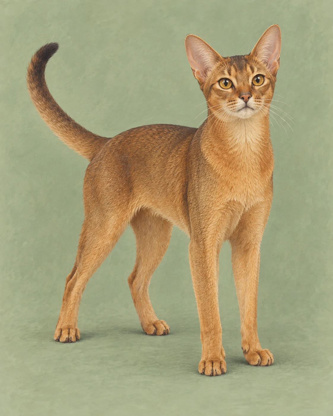 Full-body Abyssinian cat illustration on a muted green background