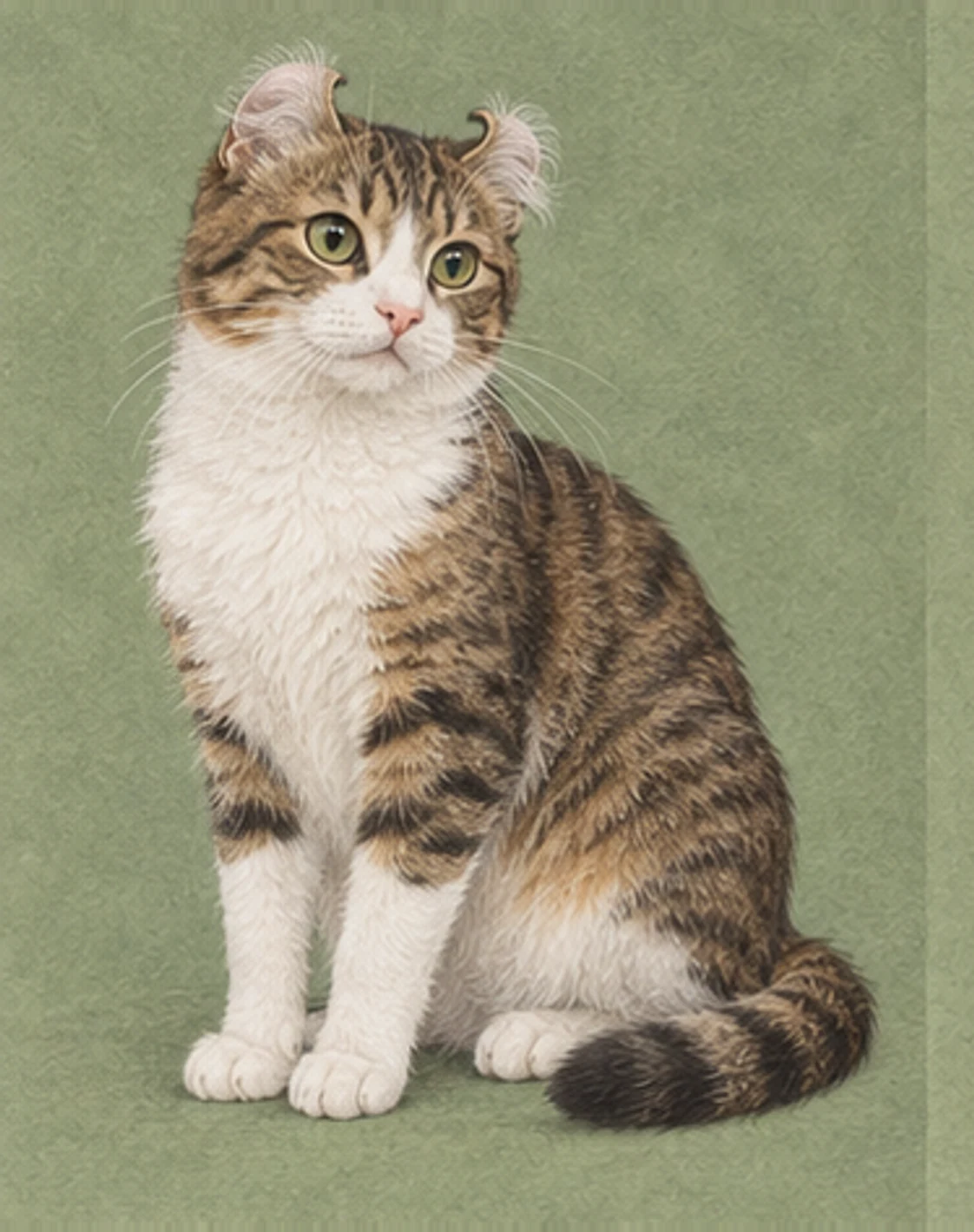 Full-body illustration of an American Curl cat on a muted green background