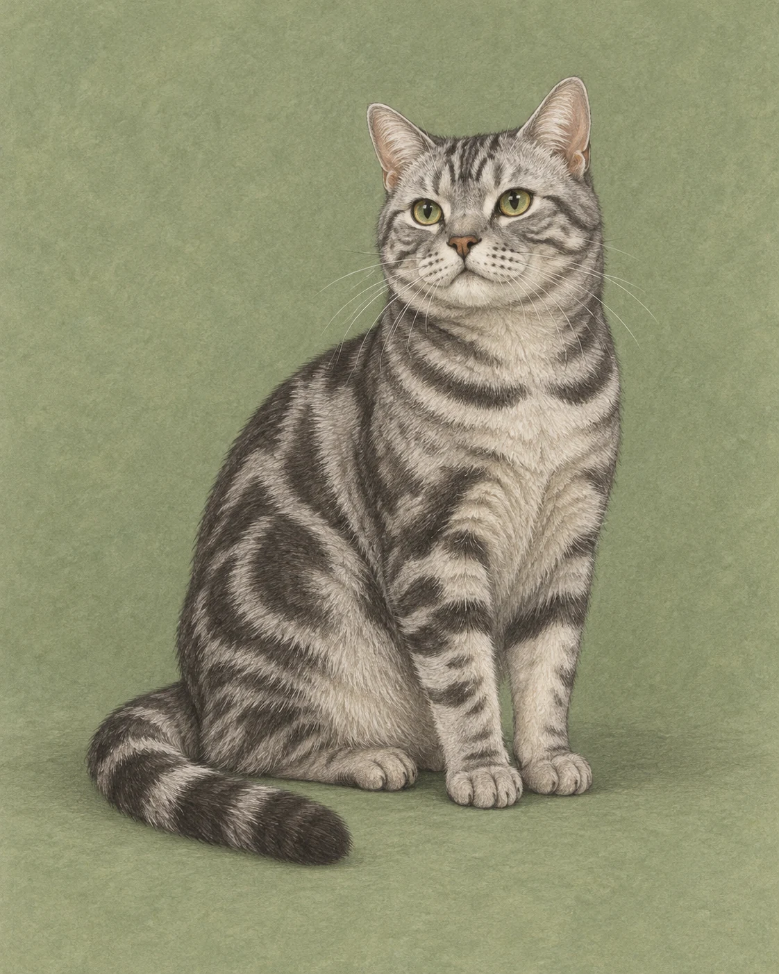 Full-body illustration of a American Shorthair cat on a muted green background