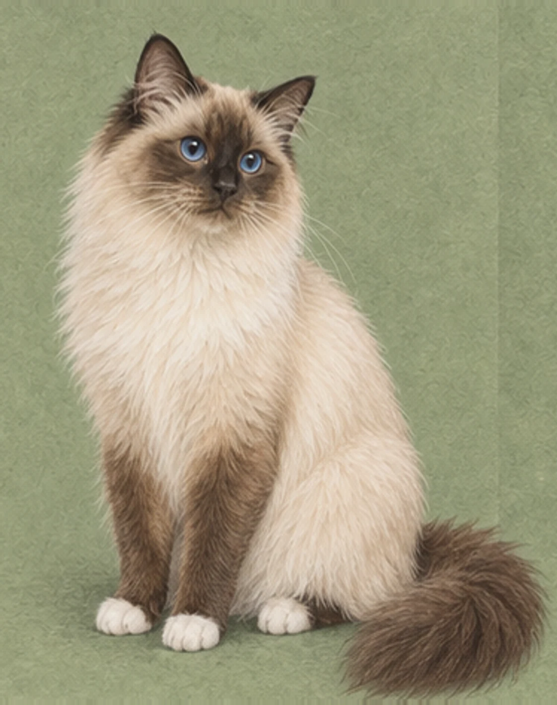 Full-body illustration of a Balinese cat on a muted green background