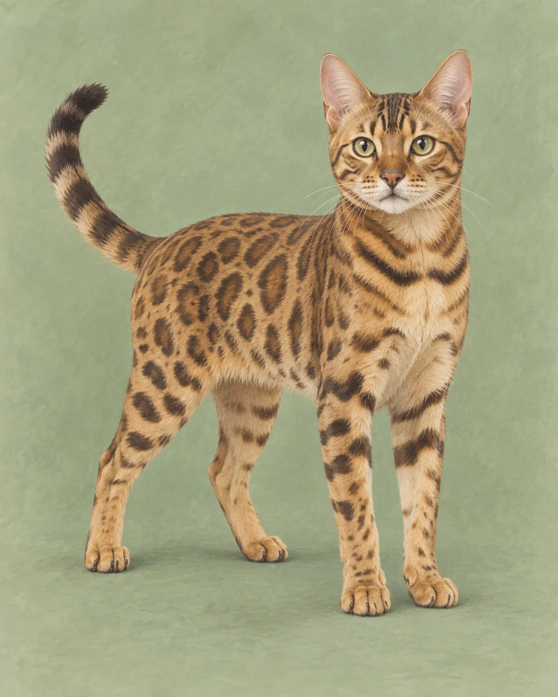 Full-body Bengal cat illustration on a muted green background