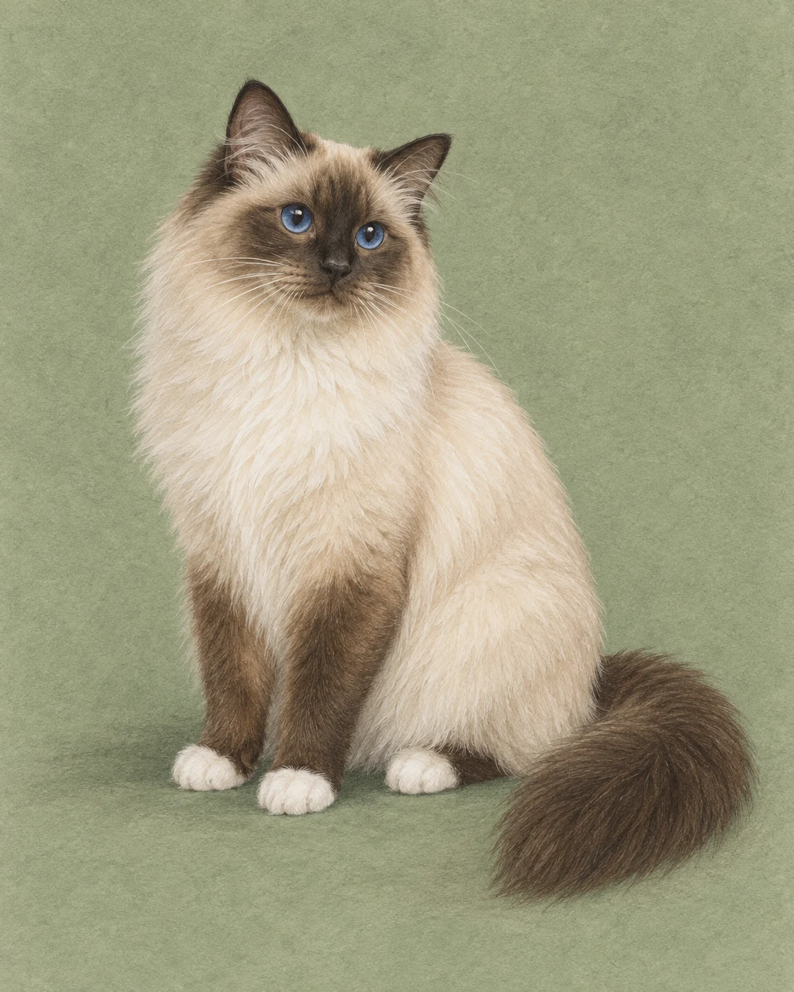 Illustration en pied d’un chat Sacré de Birmanie sur fond vert doux