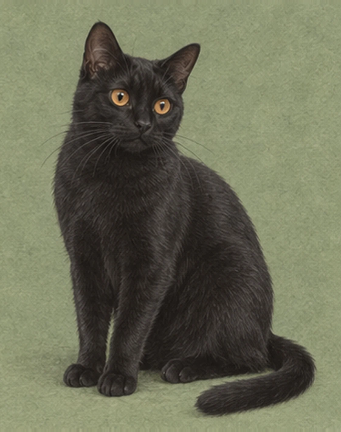 Full-body illustration of a Bombay cat on a muted green background