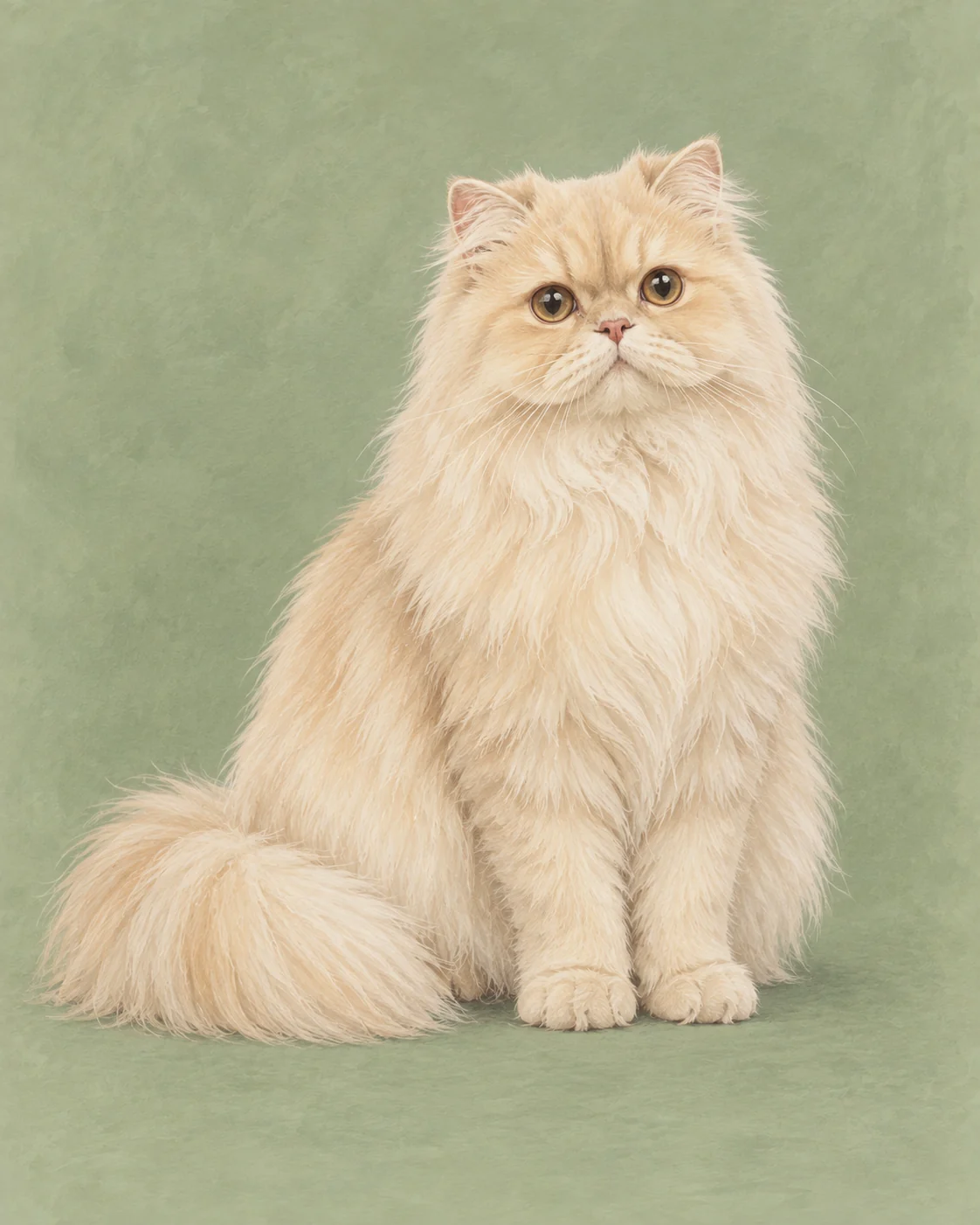 Full-body British Shorthair cat illustration on a muted green background