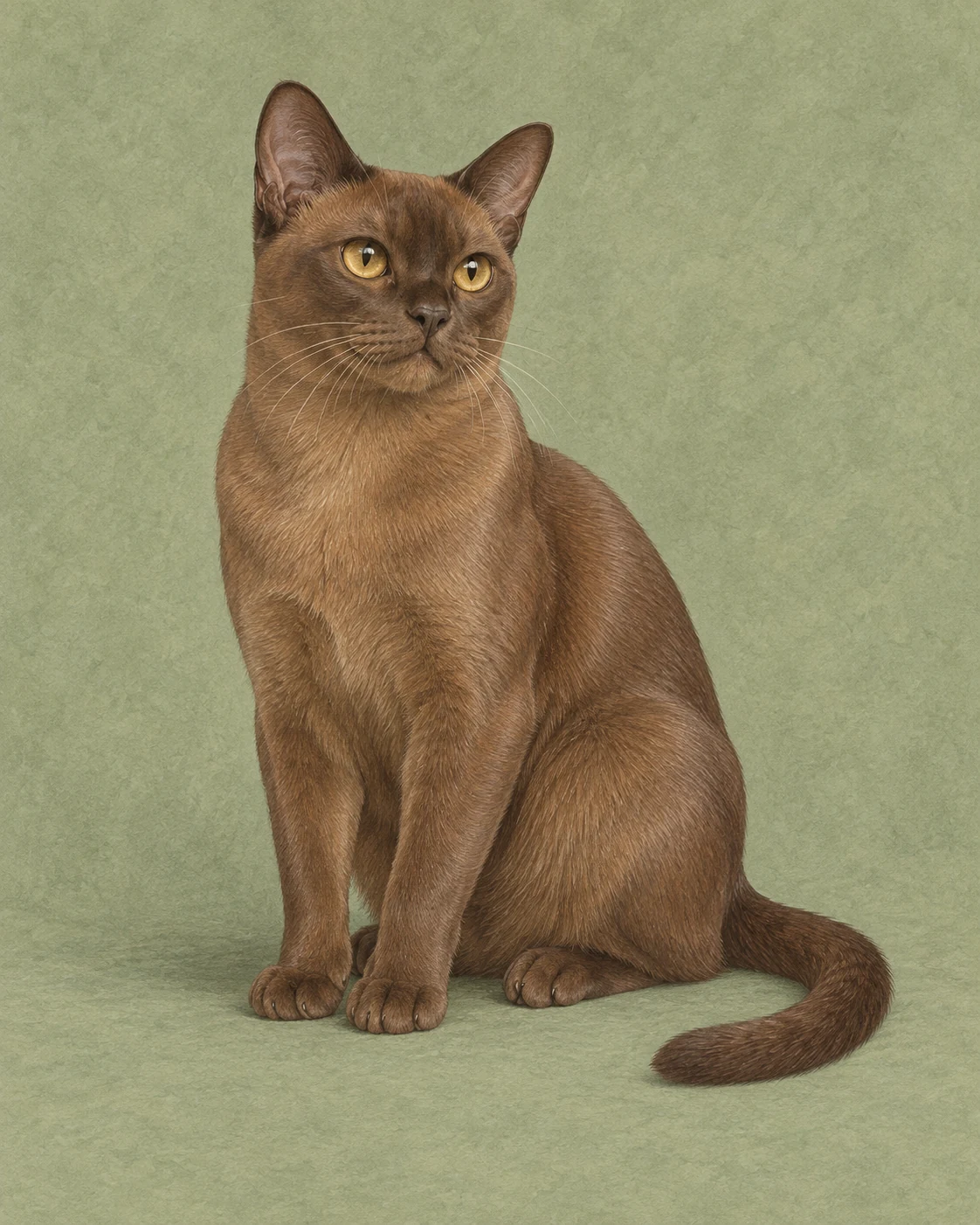 Ganzkörperillustration einer Katze der Rasse Burmakatze vor gedämpft grünem Hintergrund