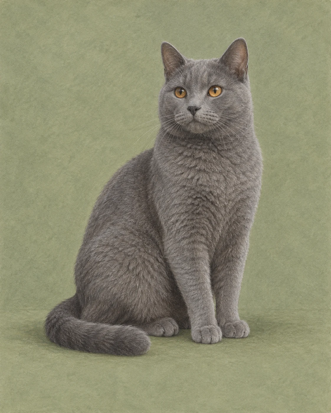 Ganzkörperillustration einer Katze der Rasse Kartäuser vor gedämpft grünem Hintergrund