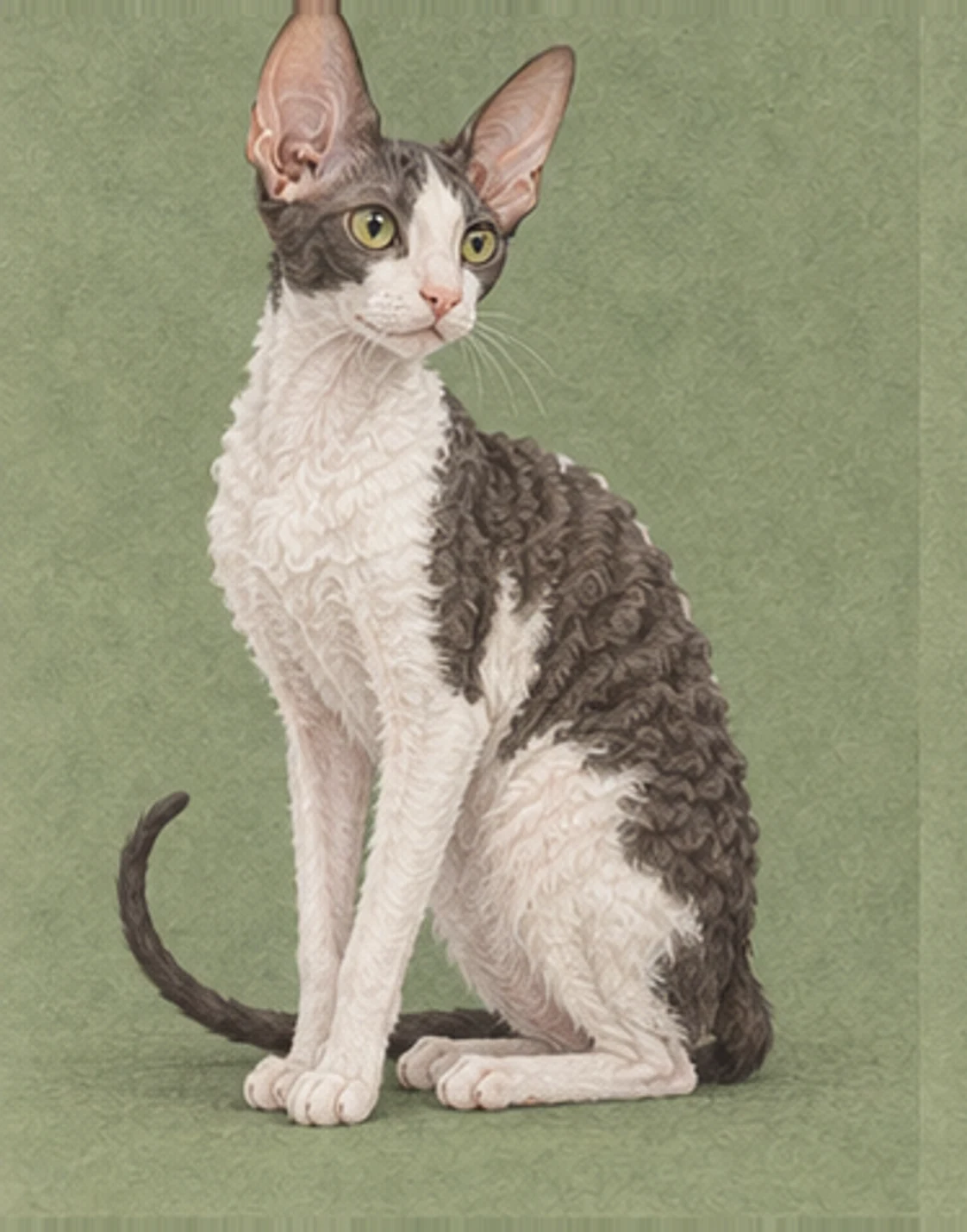 Full-body illustration of a Cornish Rex cat on a muted green background