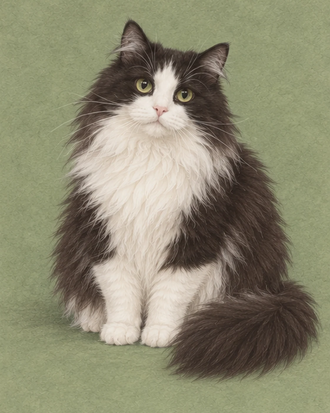 Ilustración de cuerpo entero de un gato gato doméstico de pelo largo sobre fondo verde suave