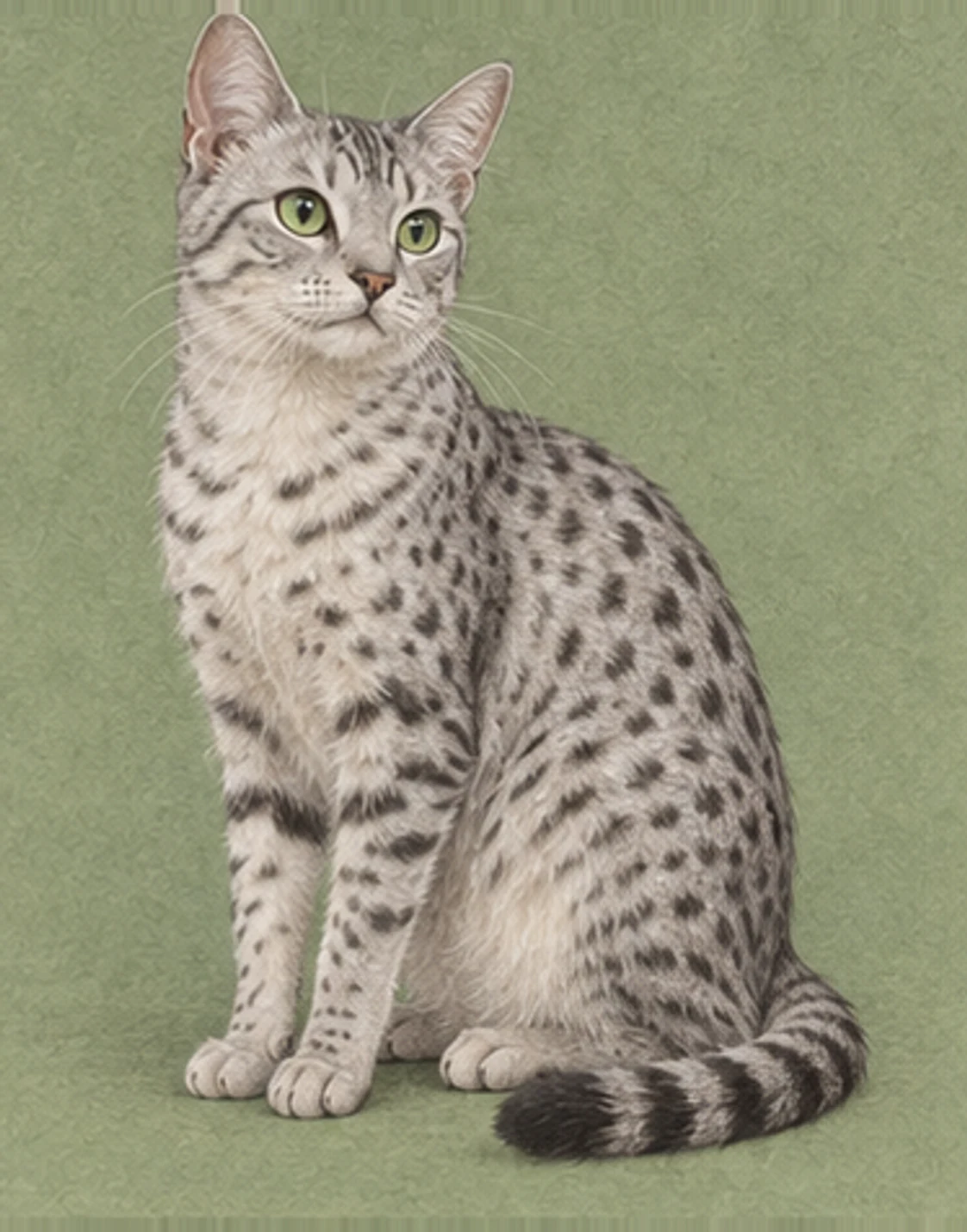 Ilustração de corpo inteiro de um gato Mau egípcio sobre fundo verde suave