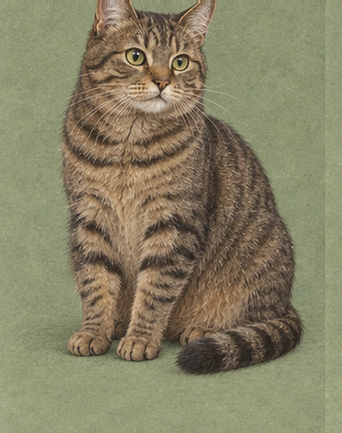 Ilustración de cuerpo entero de un gato Europeo de pelo corto sobre fondo verde suave