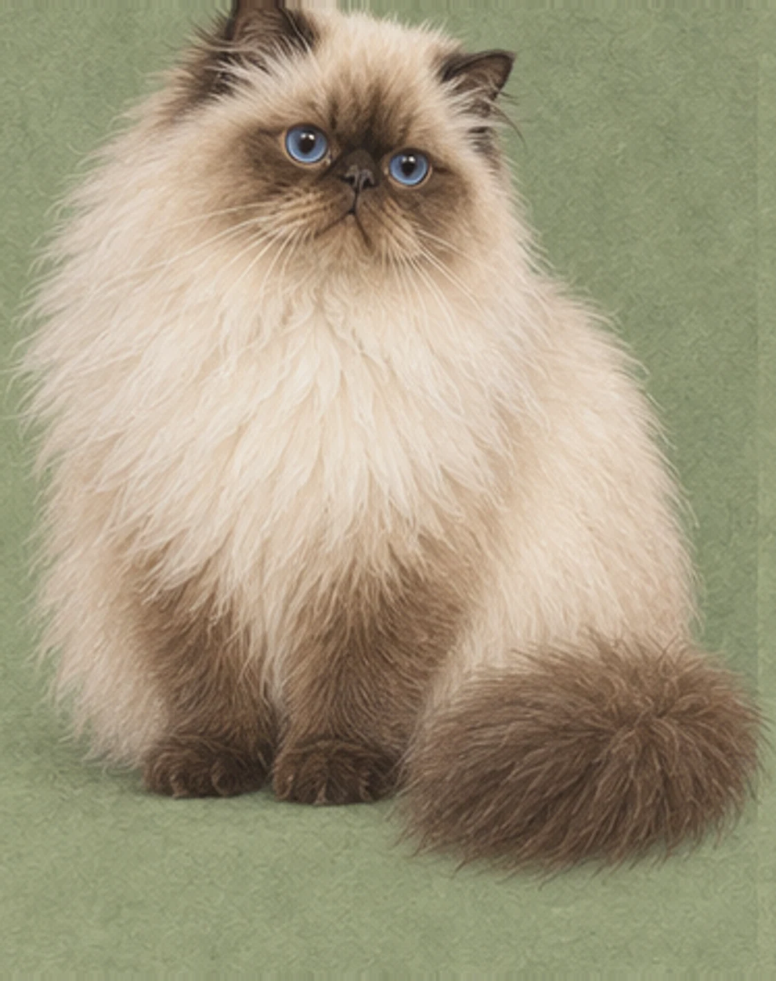 Full-body illustration of a Himalayan cat on a muted green background