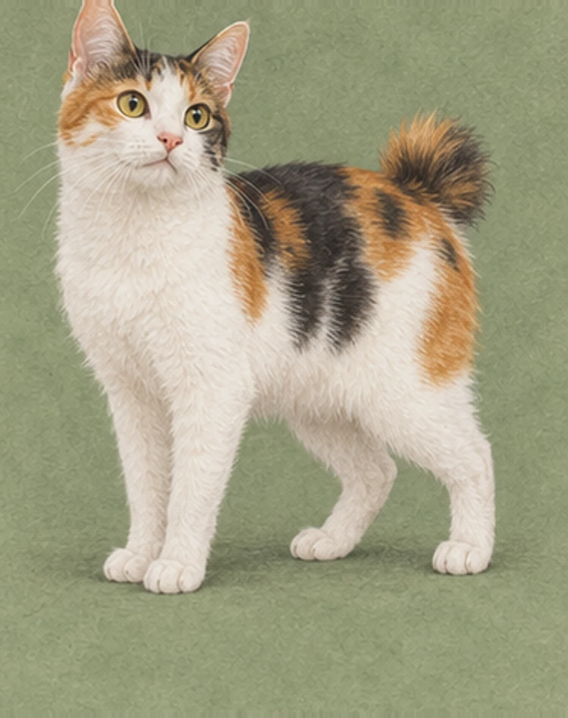 Ilustración de cuerpo entero de un gato Bobtail japonés sobre fondo verde suave