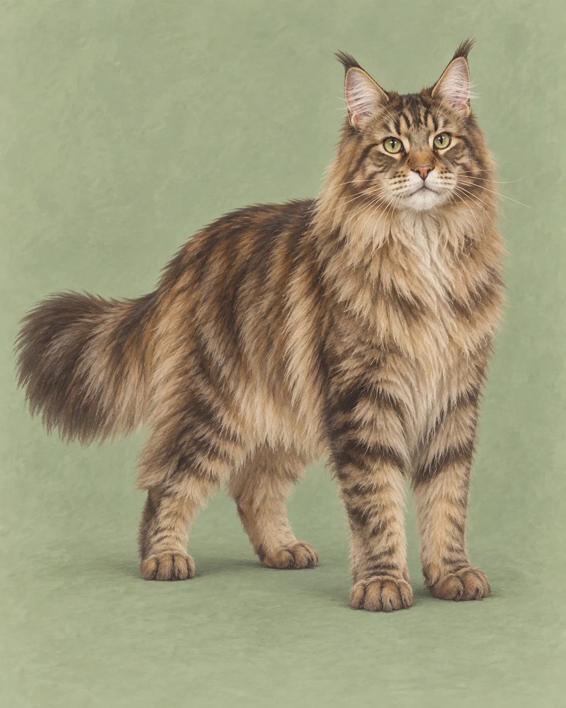 Full-body Maine Coon cat illustration on a muted green background