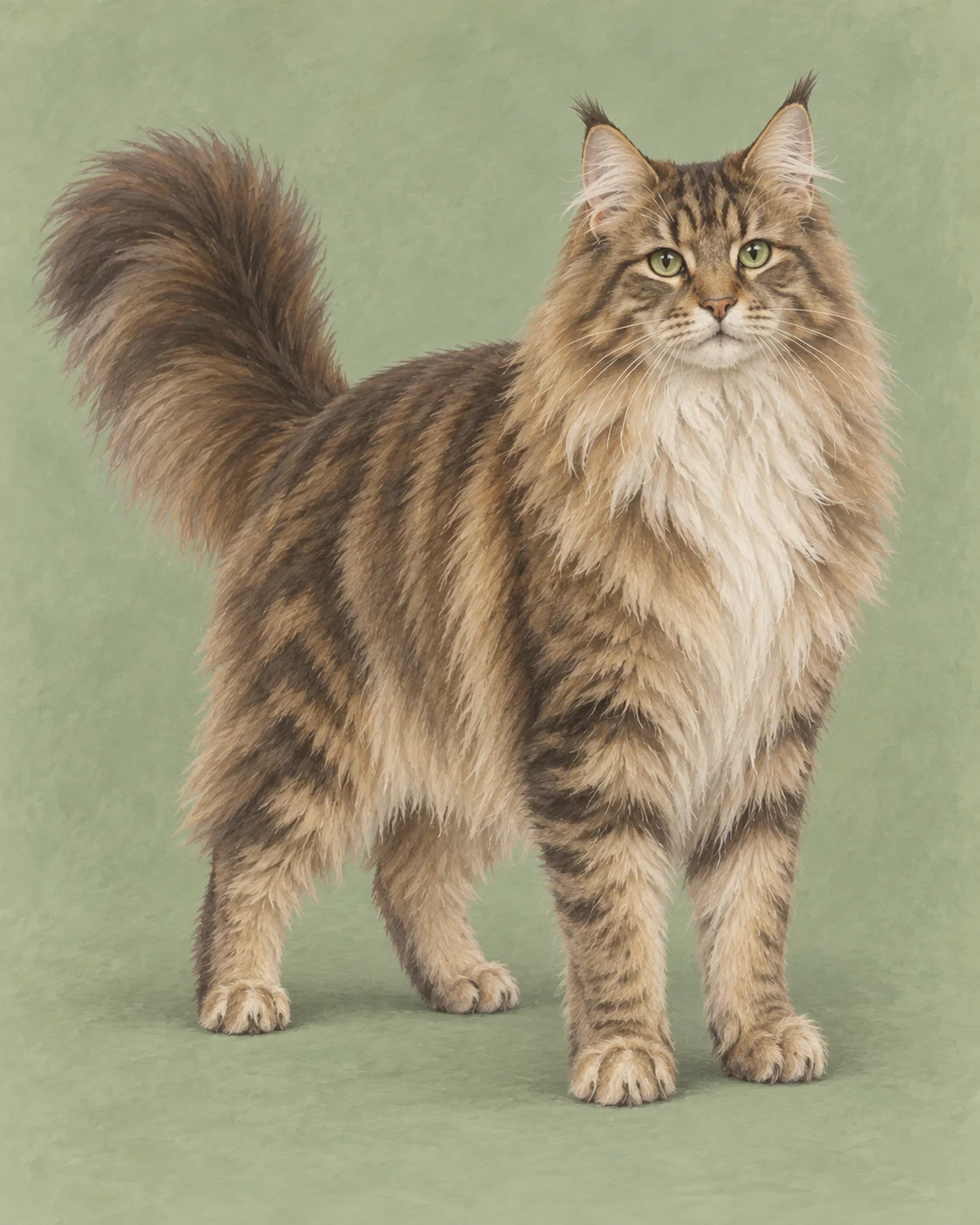 Full-body Norwegian Forest Cat illustration on a muted green background