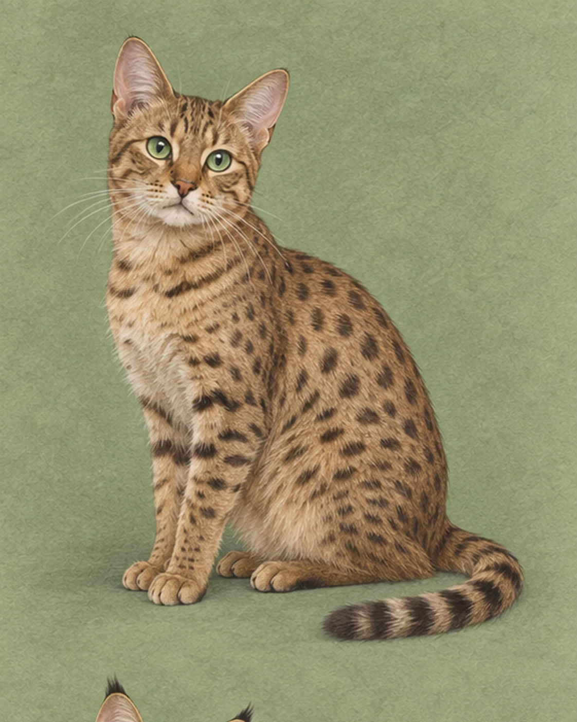 Full-body illustration of an Ocicat cat on a muted green background