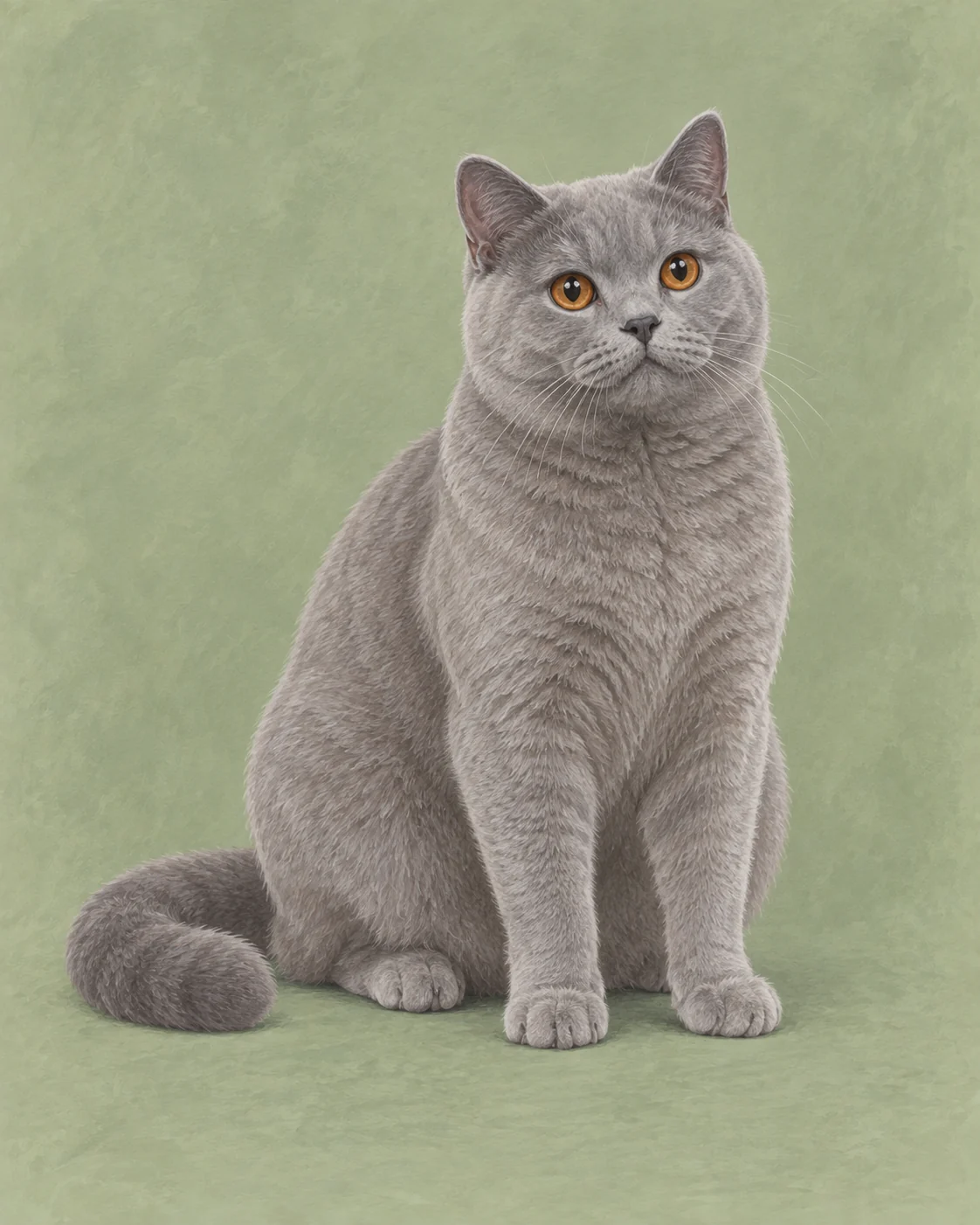 Full-body Persian cat illustration on a muted green background