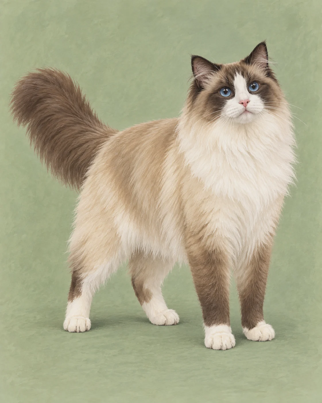 Full-body Ragdoll cat illustration on a muted green background
