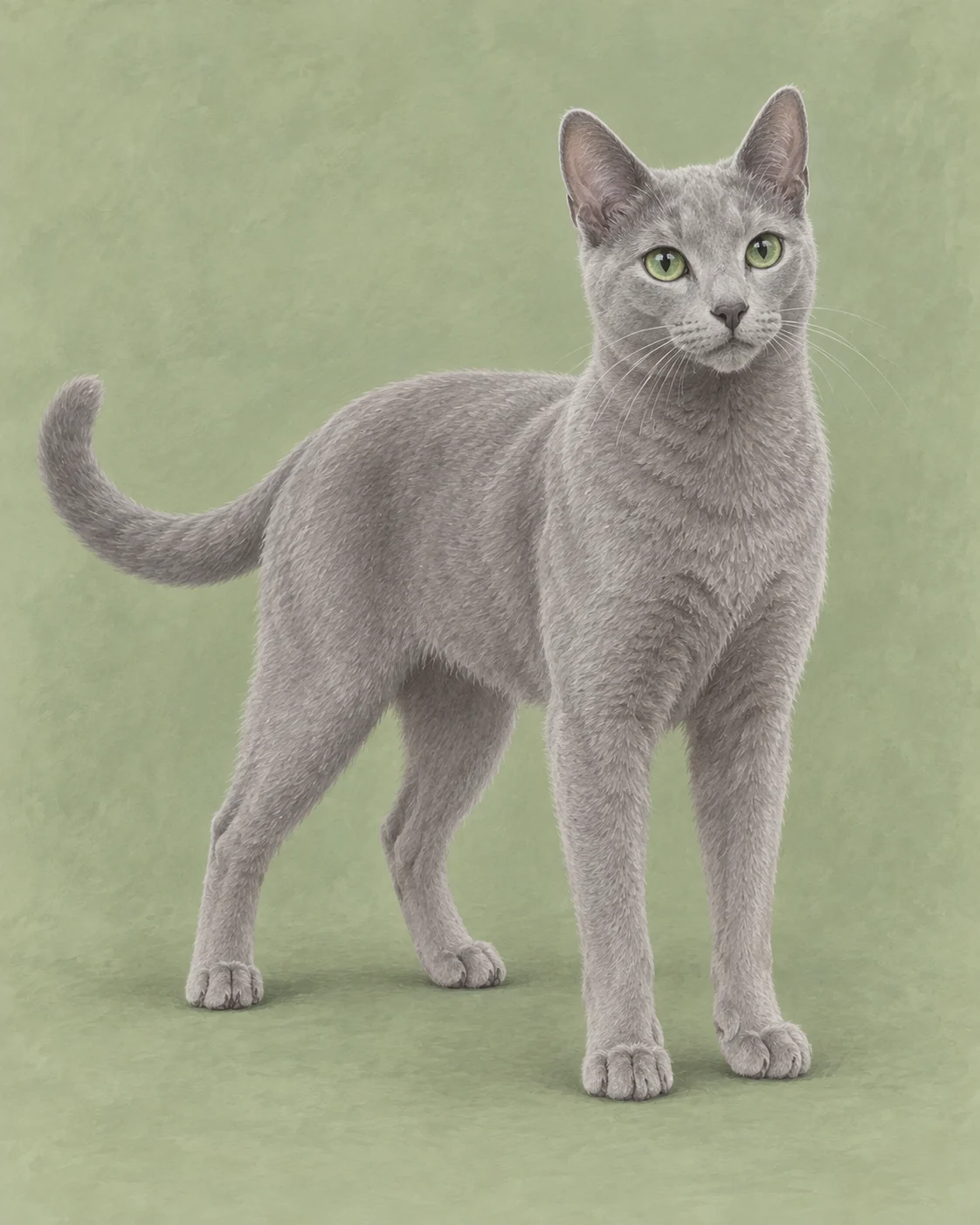 Full-body Russian Blue cat illustration on a muted green background