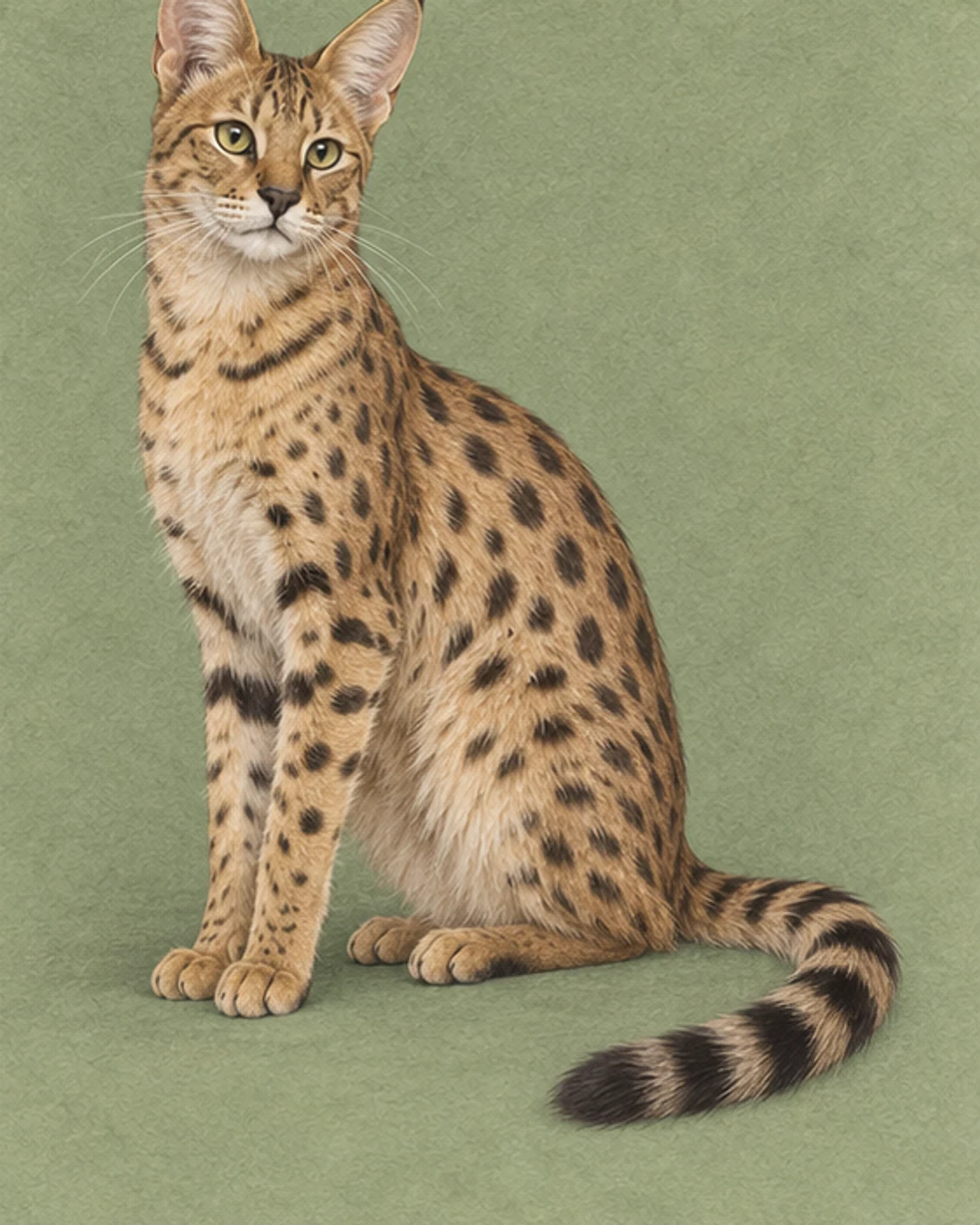 Full-body illustration of a Savannah cat on a muted green background