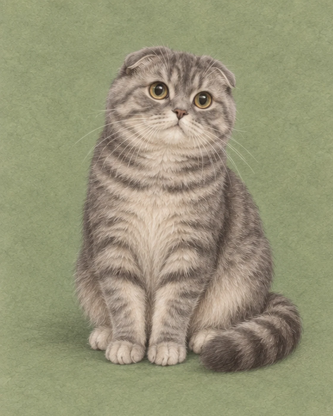 Full-body illustration of a Scottish Fold cat on a muted green background