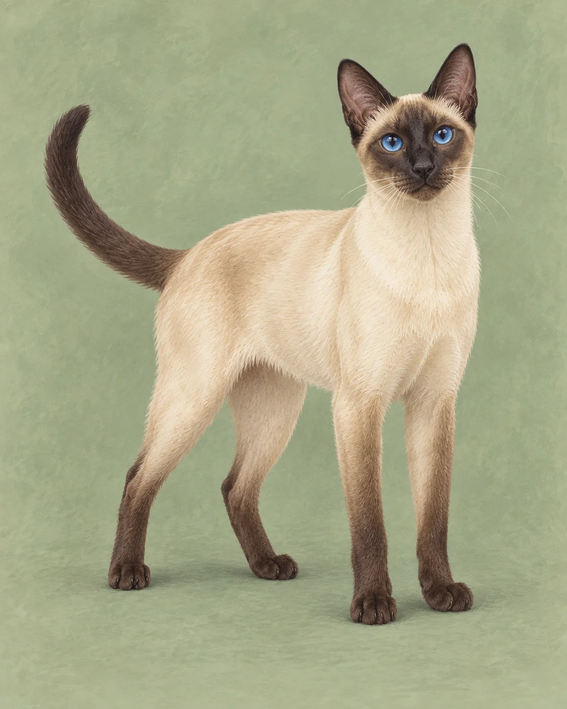 Full-body Siamese cat illustration on a muted green background