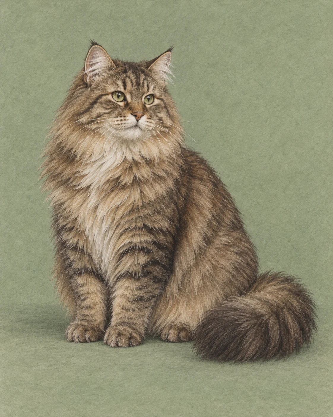 Full-body illustration of a Siberian cat on a muted green background