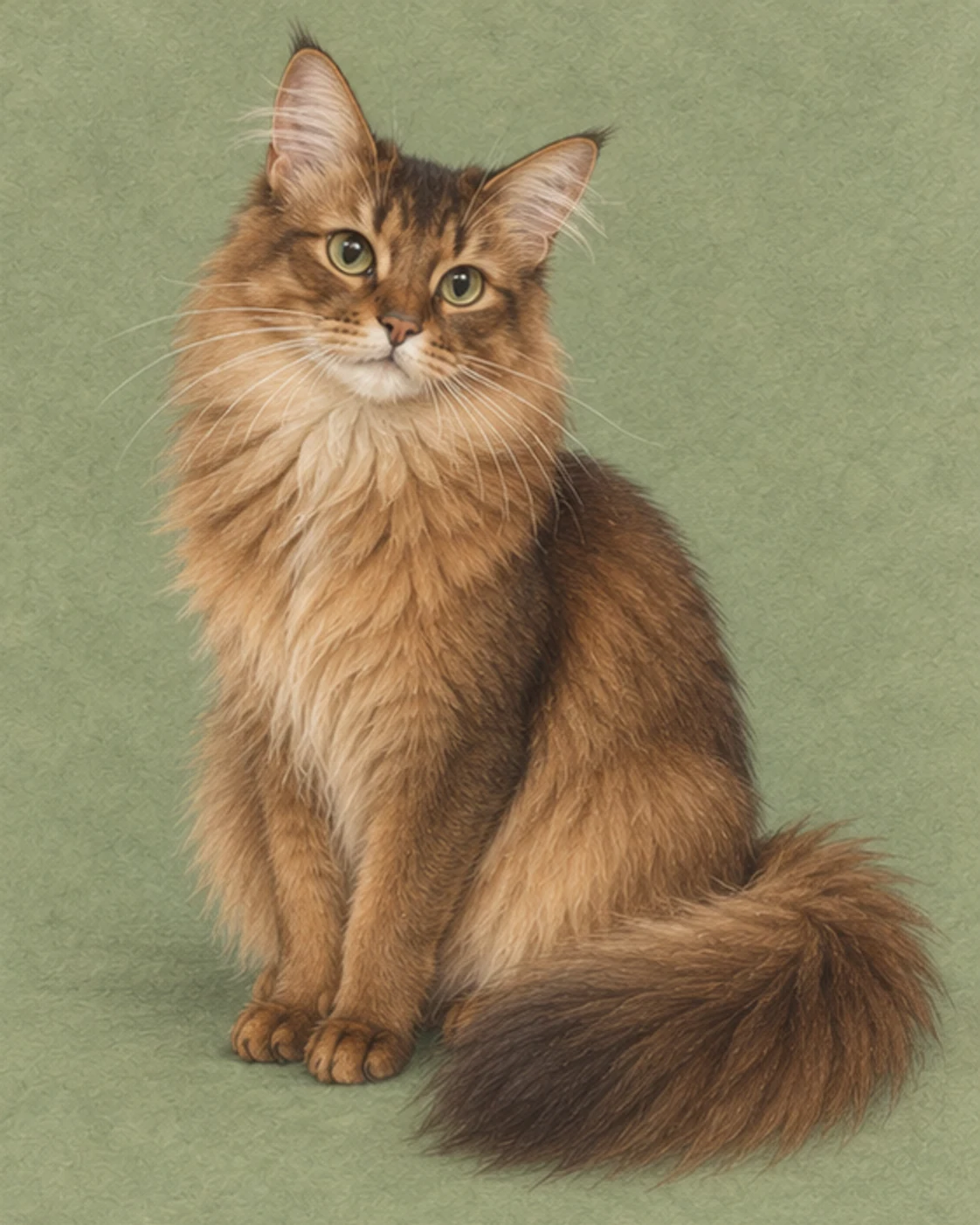 Full-body illustration of a Somali cat on a muted green background