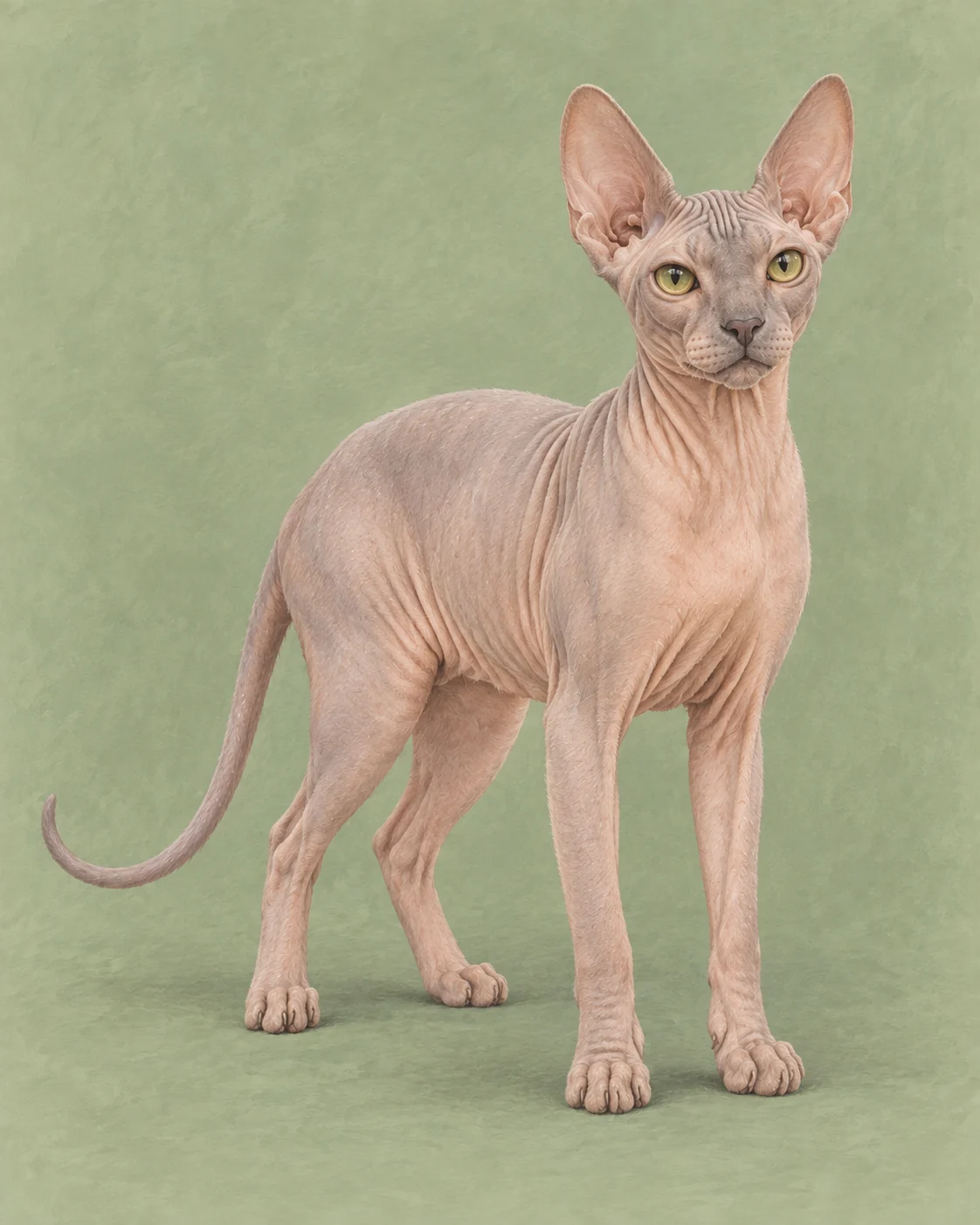 Full-body Sphynx cat illustration on a muted green background
