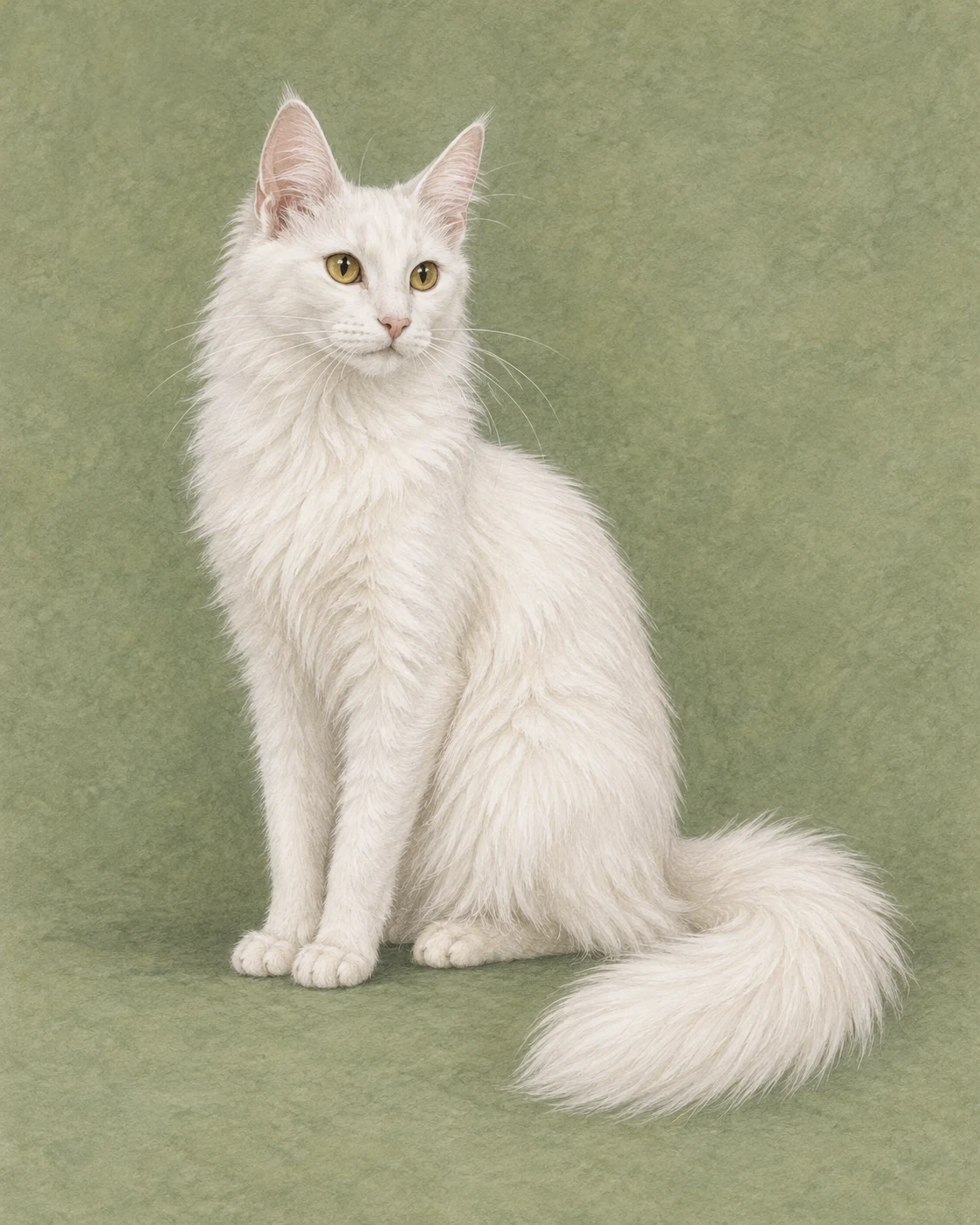 Full-body illustration of a Turkish Angora cat on a muted green background
