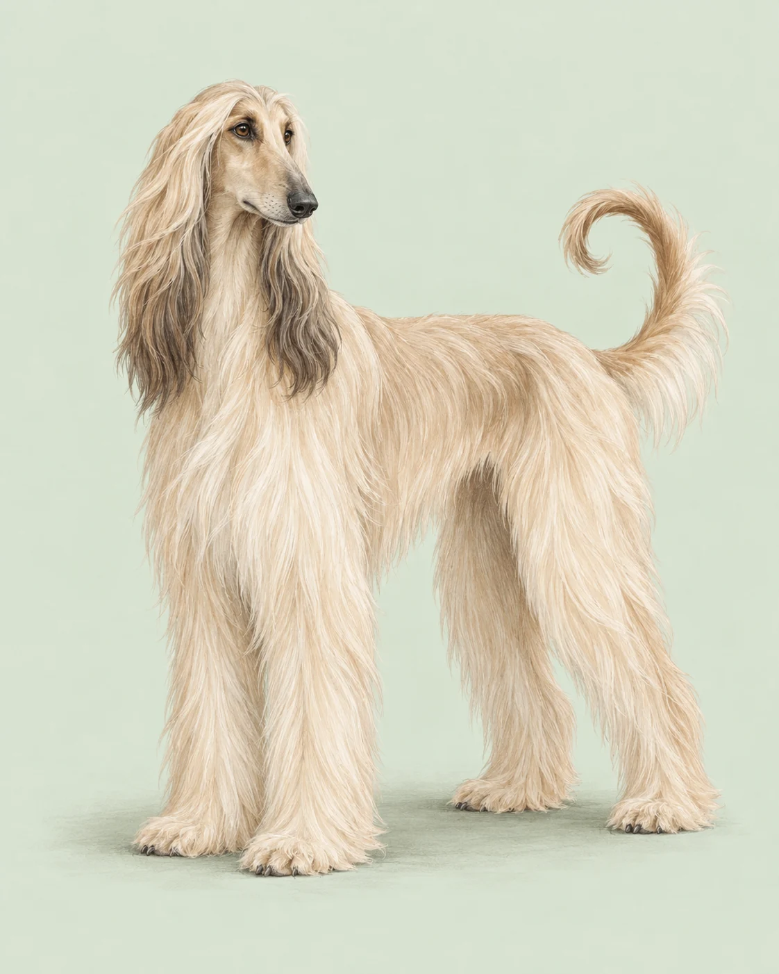 Afghanischer Windhund · Langes, seidiges Fell · Originalillustration des ganzen Hundes