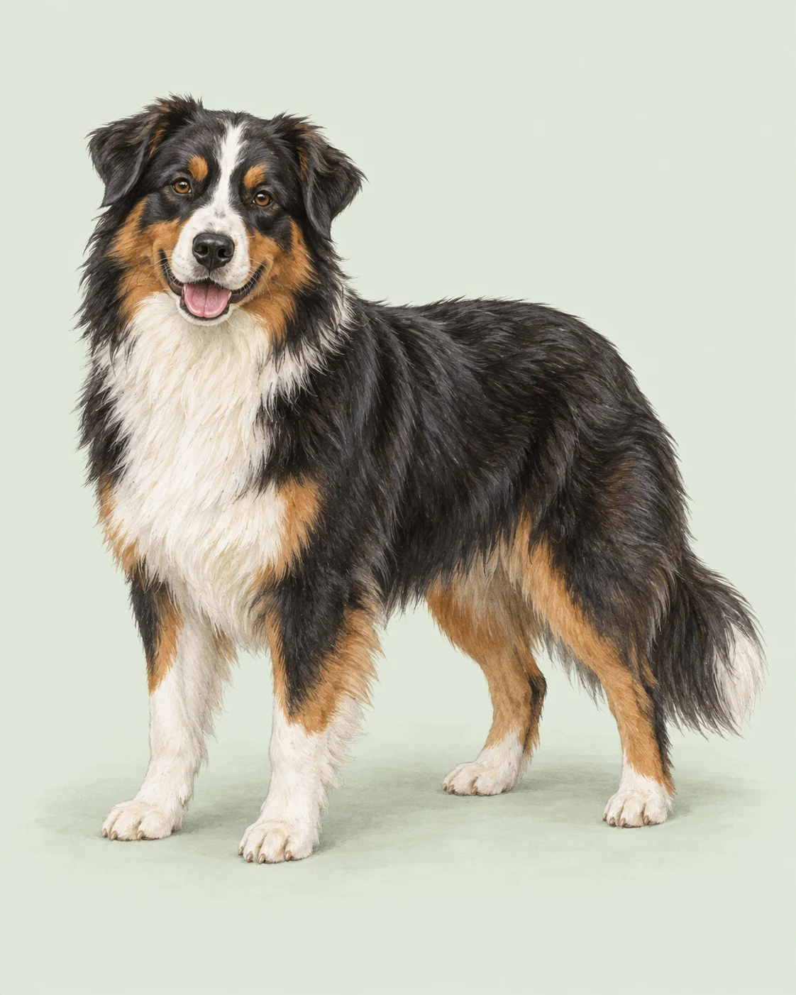 Australischer Schäferhund · Mittellanges Doppelfell · Originalillustration des ganzen Hundes
