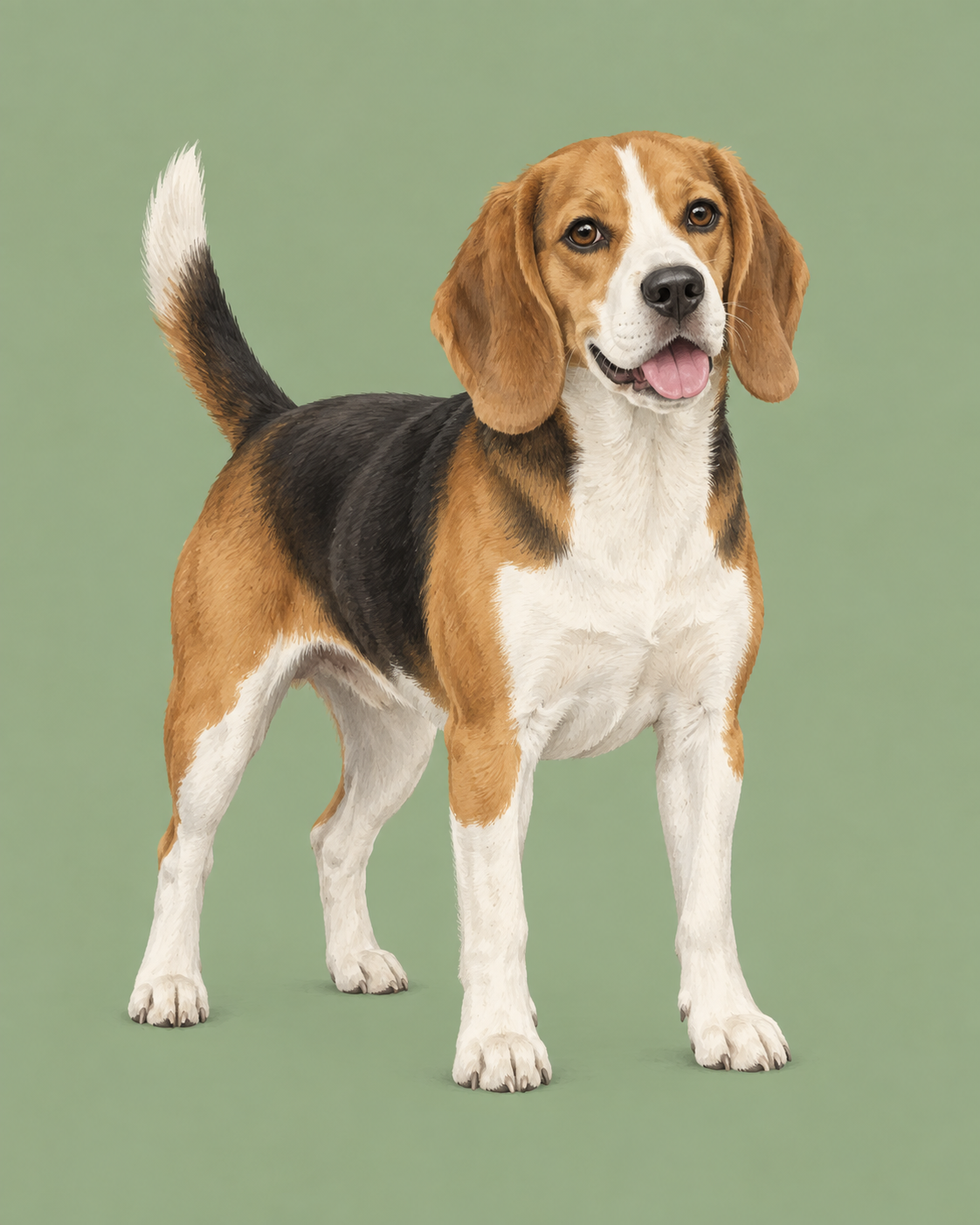 Editorial illustration of a tricolour Beagle standing against a soft sage background