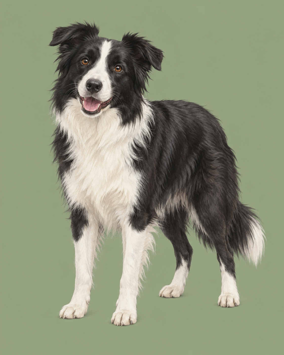 Editorial illustration of a black-and-white Border Collie standing against a soft sage background